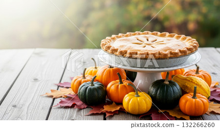 Thanksgiving pie with autumn decorations against a nature backdrop. Thanksgiving pie with autumn decorations against a nature backdrop. 132266260