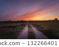 Dirt road towards colorful clouds during sunset 132266401