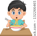cute little boy eating noodles cartoon 132266465