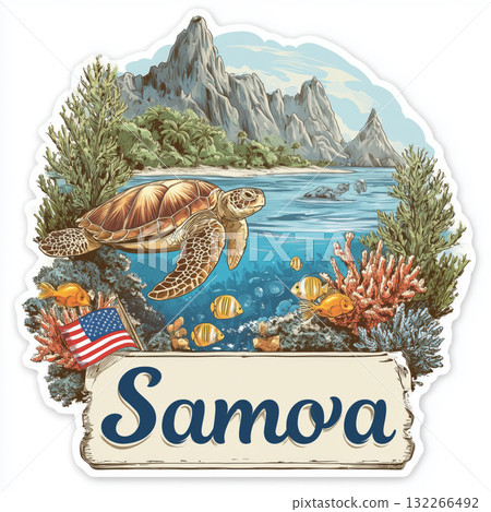 Colorful coral scene with sea turtle in vibrant tropical waters of Samoa Colorful coral scene with sea turtle in vibrant tropical waters of Samoa 132266492