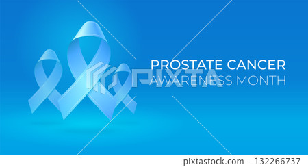 Flying blue ribbons on blue background. Medical banner with copy space. Realistic vector 3d illustration for card, poster, banner. Prostate cancer awareness. 132266737