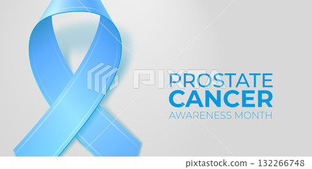 Realistic blue ribbon with copy space on light gray background. Prostate cancer awareness. Medical banner with copy space. Editable vector illustration for poster, card, banner. 132266748