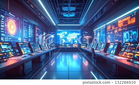 Stylized AI Control Room With Glowing Interface Panels. AI themed Background. Generated Image 132266810