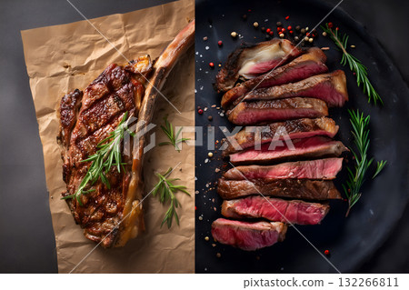 Tomahawk Steak Whole and Sliced on Rustic Plating 132266811