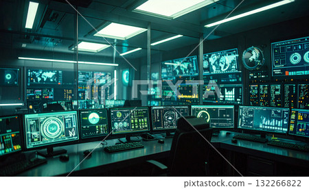 Stylized AI Control Room With Glowing Interface Panels. AI themed Background. Generated Image Stylized AI Control Room With Glowing Interface Panels. AI themed Background. Generated Image 132266822