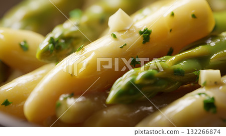 Cooked Asparagus Spears with Melting Butter Cubes and Parsley Garnish in Close-Up Cooked Asparagus Spears with Melting Butter Cubes and Parsley Garnish in Close-Up 132266874