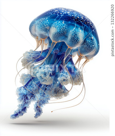 Graceful blue jellyfish floats elegantly in pristine white background Graceful blue jellyfish floats elegantly in pristine white background 132266920