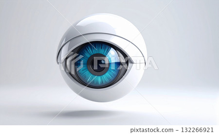 AI Eye Surveillance Camera Hovering in Clean Studio. AI themed Background. Generated Image AI Eye Surveillance Camera Hovering in Clean Studio. AI themed Background. Generated Image 132266921