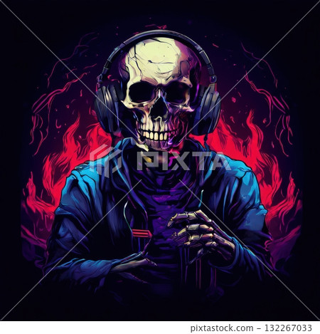 an AI Image Generator, Skeleton With Headphones Surrounded by Neon Purple Energy, an AI Image Generator, Skeleton With Headphones Surrounded by Neon Purple Energy, 132267033