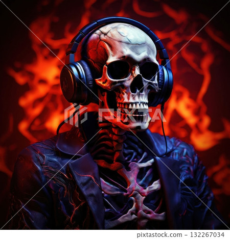 an AI Image Generator, Skeleton With Headphones Surrounded by Neon Purple Energy, an AI Image Generator, Skeleton With Headphones Surrounded by Neon Purple Energy, 132267034