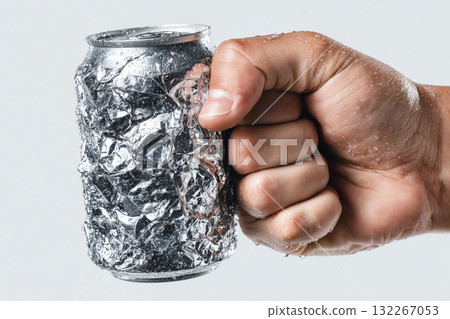 Powerful hand crushing a silver can with strength and determination 132267053