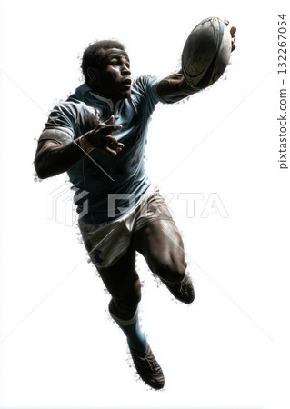 Rugby player jumps high to catch a pass during an intense match 132267054