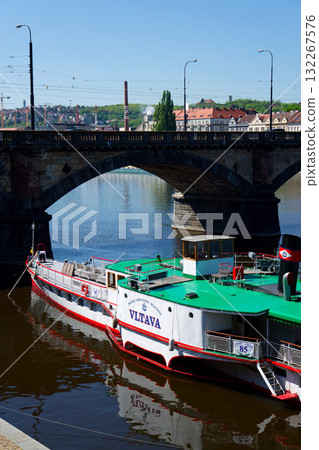 Steamboat Vltava, one of the last two remaining operating steamers floating on Vltava River on April 29, 2025 in Prague, Czech republic. 132267576