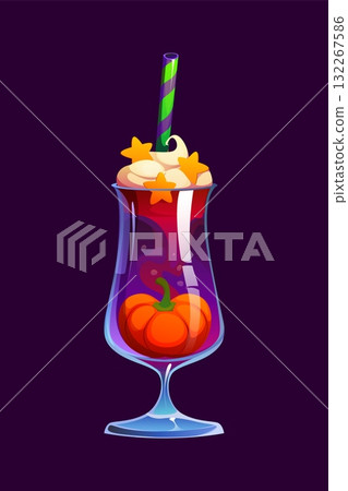 Halloween holiday party cocktail drink with pumpkin garnish. Cartoon vector spooky ghoulish beverage served in a tall glass with vibrant liquid and striped straw for festive and eerie celebrations 132267586