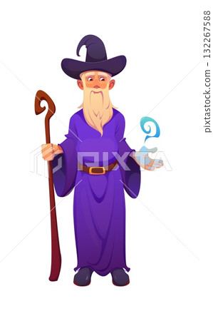 Cartoon Halloween old magician scary character standing full length with wooden staff making a spell. Merlin or Dumbledore wizard personage with long white beard wearing purple long robe and peaky hat 132267588