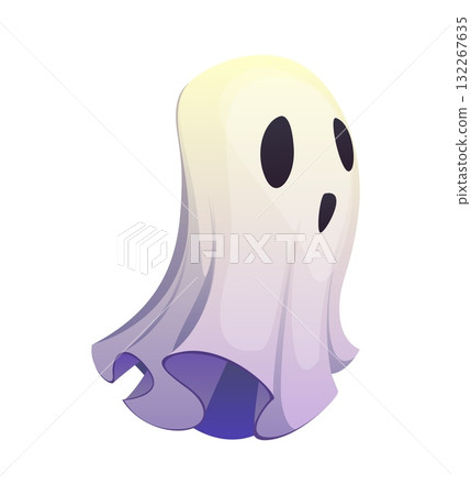 Halloween cartoon ghost character for horror night holiday and trick or treat party, vector personage. Halloween cute boo ghost or poltergeist in bedsheet for spooky and scary holiday character 132267635