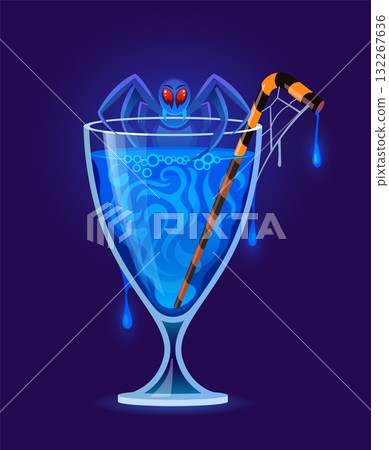 Halloween blue scary cocktail, glowing drink in a goblet with swirling liquid, striped straw, dripping webs, and a creepy red eyed spider crawling over the rim. Mysterious and spooky fantasy beverage Halloween blue scary cocktail, glowing drink in a goblet with swirling liquid, striped straw, dripping webs, and a creepy red eyed spider crawling over the rim. Mysterious and spooky fantasy beverage 132267636