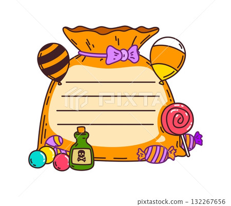 Halloween memo note for kids with candy bag frame, vector notebook label. Kids memo note or notepad sticker with trick or treat sweets, poison bottle and balloons in frame for message note or planner 132267656