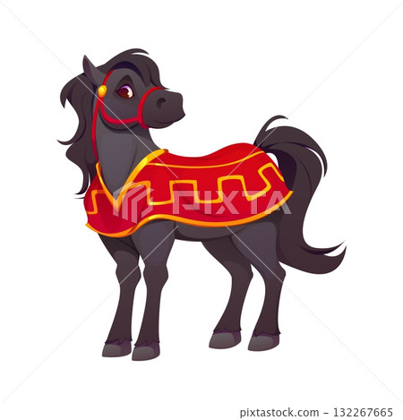 Cartoon horse character, Chinese lunar new year animal dressed in red and gold festive attire. Isolated vector cheerful equine personage ready for CNY celebrations, symbolizing strength and tradition 132267665
