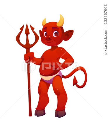 Cartoon devil Halloween scary character, vector creepy imp personage. Hell creature with red skin, horns, peaky tail and hoofed legs standing with a trident in its arm, ready for holiday celebration 132267668