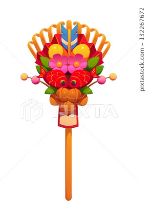 Cartoon Japanese new year kumade decoration, traditionally used to bring good fortune and prosperity, features symbolic elements like flowers, fish, and lucky charms on a rake shaped structure 132267672