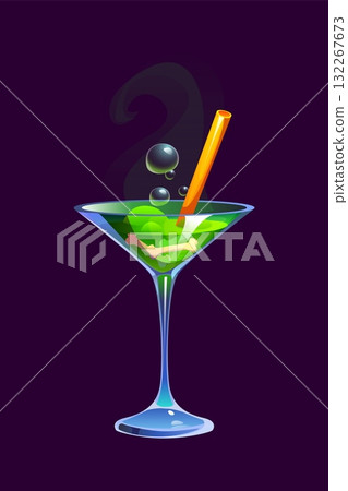 Halloween holiday cocktail drink or scary potion cup with bones, cartoon vector. Halloween horror night trick or treat party monster cocktail glass or spooky drink with skeleton bones in green acid 132267673