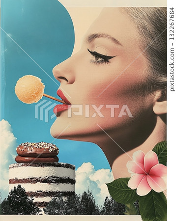 mixed collage, concept of dietary habits. Composition, featuring side view of female face, flower, cake and other sweets mixed collage, concept of dietary habits. Composition, featuring side view of female face, flower, cake and other sweets 132267684