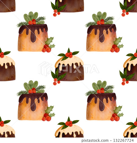 Seamless Christmas pattern with chocolate cake. Christmas pie decorated with icing, holly, and red berries. Winter festive fruitcake, fruit dessert. Watercolor illustration. 132267724