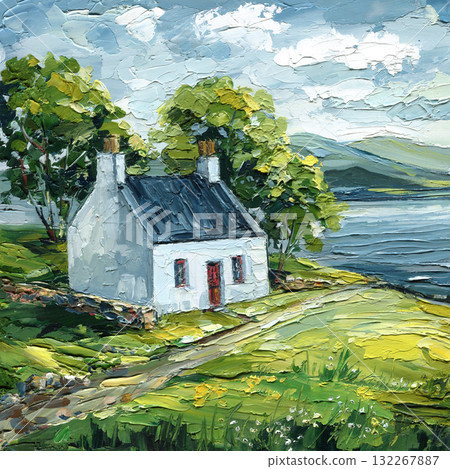 Impasto Oil Painting of White Cottage by Lake, Scenic Mountain Landscape with Trees and Green Fields, Textured Palette Knife Art 132267887