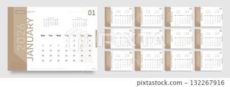 The vector layout of the beige-and-white calendar with the beginning of the week on Monday. 132267916