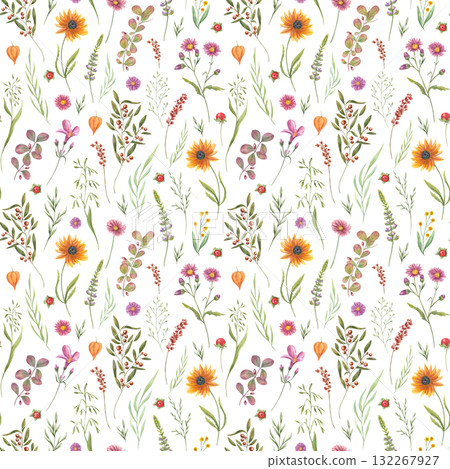Blooming wild flowers and plants watercolor seamless pattern on isolated background. Hand panted autumn flower, berries, spikelet, leaves illustration. Floral ornate for packaging design, poster. Blooming wild flowers and plants watercolor seamless pattern on isolated background. Hand panted autumn flower, berries, spikelet, leaves illustration. Floral ornate for packaging design, poster. 132267927