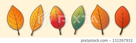 A set of six autumn leaves of different shapes and colors on a beige background. A set of six autumn leaves of different shapes and colors on a beige background. 132267932