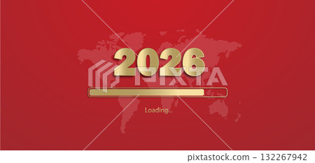 New Year's background with golden inscription 2026 and Download on a red background with the outline of the earth. New Year's background with golden inscription 2026 and Download on a red background with the outline of the earth. 132267942