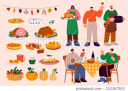 Thanksgiving food and family gathering composition in hand-drawn flat cartoon style 132267952