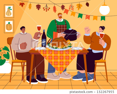 Thanksgiving dinner composition with guests and turkey served on festive table in hand-drawn flat style 132267955
