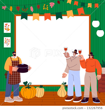 Thanksgiving banner frame with space for text and festive characters in hand-drawn flat cartoon style Thanksgiving banner frame with space for text and festive characters in hand-drawn flat cartoon style 132267956