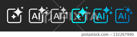 A set of six gray and blue Generative AI icons with a star and a square frame on a dark background. 132267990
