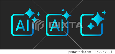 A set of three blue Generative AI icons with a star and a square frame on a dark background. A set of three blue Generative AI icons with a star and a square frame on a dark background. 132267991