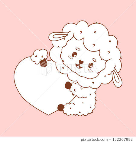 Outline Cute Sheep with big heart. Happy Holiday Valentine kawaii character. Line drawing, coloring book. Vector illustration. Kids collection 132267992