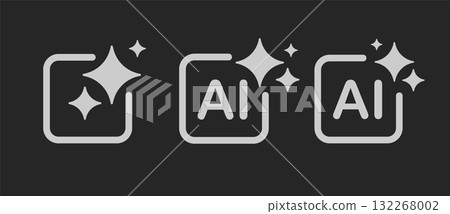A set of three Generative AI icons with a star and a square frame on a dark background. 132268002