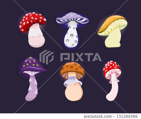 Poisonous mushrooms cartoon set for magic potion, fairtale forest, Halloween decor. Vector illustration 132268366