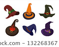Halloween Witch hats cartoon set. Magical hats decorated buckles in different shapes and colors 132268367