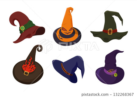 Halloween Witch hats cartoon set. Magical hats decorated buckles in different shapes and colors 132268367