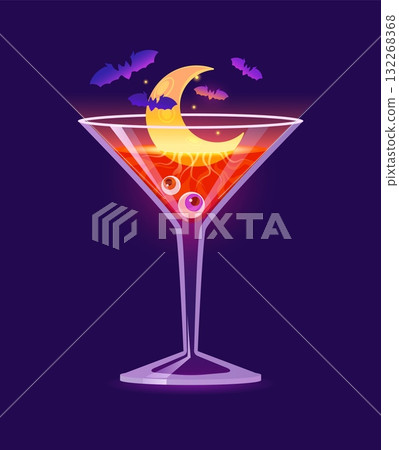 Halloween cocktail drink glass or scary potion cup for horror night holiday, cartoon vector. Halloween trick or treat party monster cocktail or spooky drink with dead zombie eyes, moon and witch bats 132268368