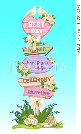Wedding party directional signs, wooden signboard. Cartoon vector romantic holiday signpost with pastel wood boards, decorative white doves, roses, ribbons, and labeled arrows with names and date Wedding party directional signs, wooden signboard. Cartoon vector romantic holiday signpost with pastel wood boards, decorative white doves, roses, ribbons, and labeled arrows with names and date 132268371