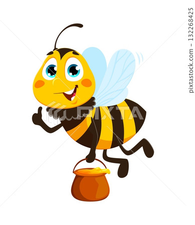 Flying with honey jug bee bug character. Bee insect funny cartoon character, bumblebee animal cheerful vector isolated personage. Honeybee baby happy mascot collecting and carrying honey 132268425