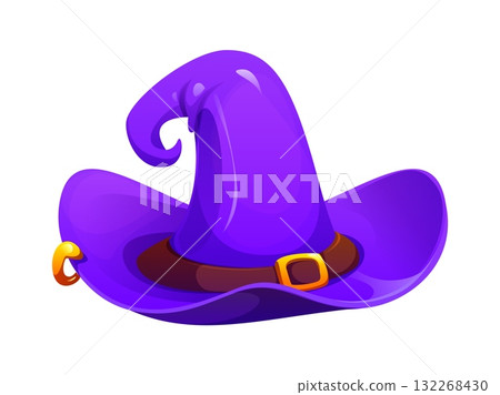 Cartoon Halloween witch hat for scary horror night holiday, vector icon. Halloween trick or treat party and spooky holiday symbol of witch hat or cone cap with buckle and golden ring of sorcerer Cartoon Halloween witch hat for scary horror night holiday, vector icon. Halloween trick or treat party and spooky holiday symbol of witch hat or cone cap with buckle and golden ring of sorcerer 132268430