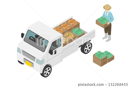 Isometric illustration: Farmer loading vegetables into a light truck Isometric illustration: Farmer loading vegetables into a light truck 132268433