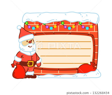 Christmas memo note frame for kids with Santa and gifts for notebook label, vector paper sheet sticker. Kids memo note or notepad with cartoon funny Santa and Christmas lights on fireplace frame 132268434