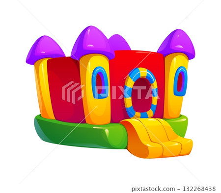 Trampoline park bouncy house, inflatable slide castle. Bounce house with turrets, slide and a circular entrance. Cartoon vector outdoor amusement for kid parties, outdoor fun, playful carnival events Trampoline park bouncy house, inflatable slide castle. Bounce house with turrets, slide and a circular entrance. Cartoon vector outdoor amusement for kid parties, outdoor fun, playful carnival events 132268438